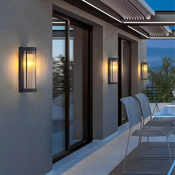 Solar, Dusk to Dawn Waterproof Cylinder LED Wall Sconce, Striped Glass Outdoor Light for Porch/Patio/Yard