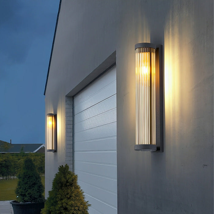Solar, Dusk to Dawn Waterproof Cylinder LED Wall Sconce, Striped Glass Outdoor Light for Porch/Patio/Yard