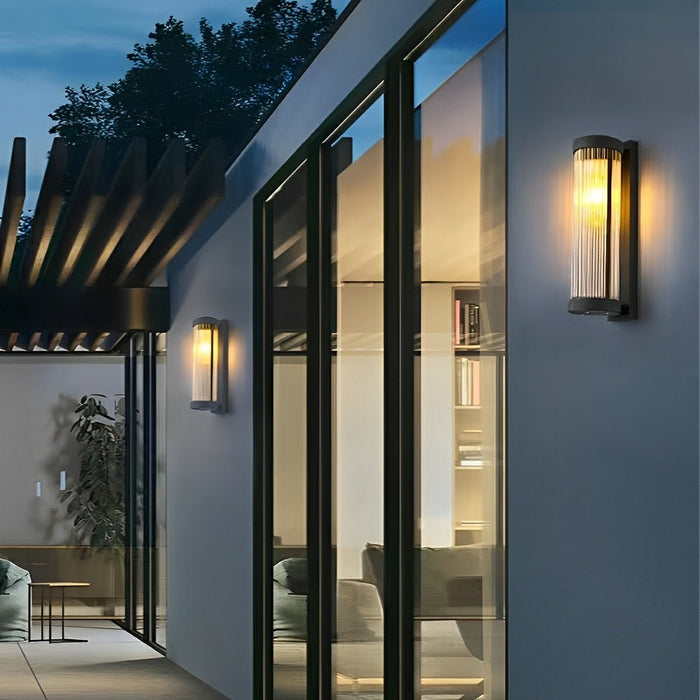 Solar, Dusk to Dawn Waterproof Cylinder LED Wall Sconce, Striped Glass Outdoor Light for Porch/Patio/Yard