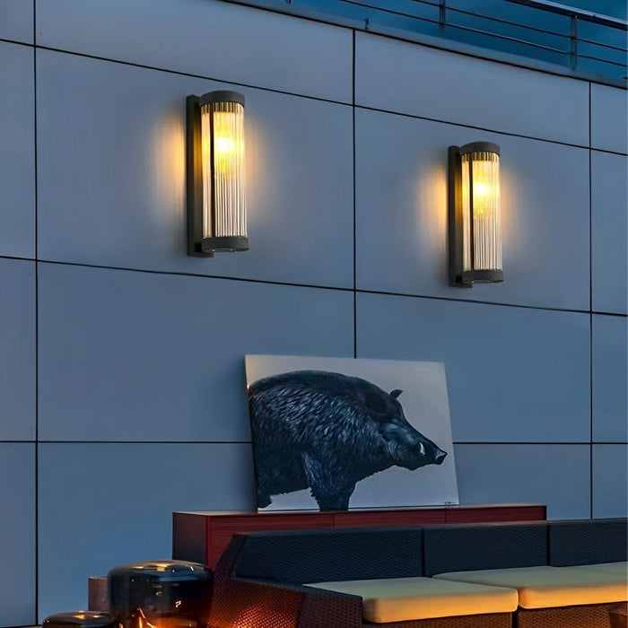 Solar, Dusk to Dawn Waterproof Cylinder LED Wall Sconce, Striped Glass Outdoor Light for Porch/Patio/Yard