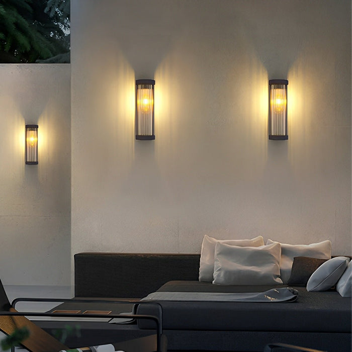 Solar, Dusk to Dawn Waterproof Cylinder LED Wall Sconce, Striped Glass Outdoor Light for Porch/Patio/Yard