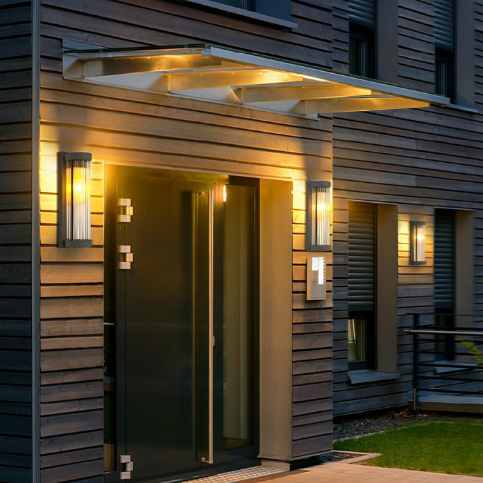 Solar, Dusk to Dawn Waterproof Cylinder LED Wall Sconce, Striped Glass Outdoor Light for Porch/Patio/Yard