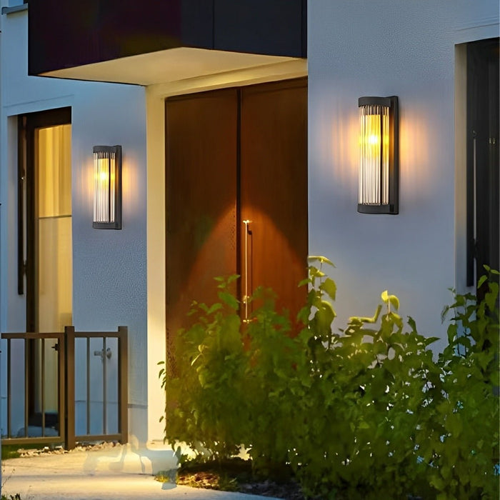 Solar, Dusk to Dawn Waterproof Cylinder LED Wall Sconce, Striped Glass Outdoor Light for Porch/Patio/Yard