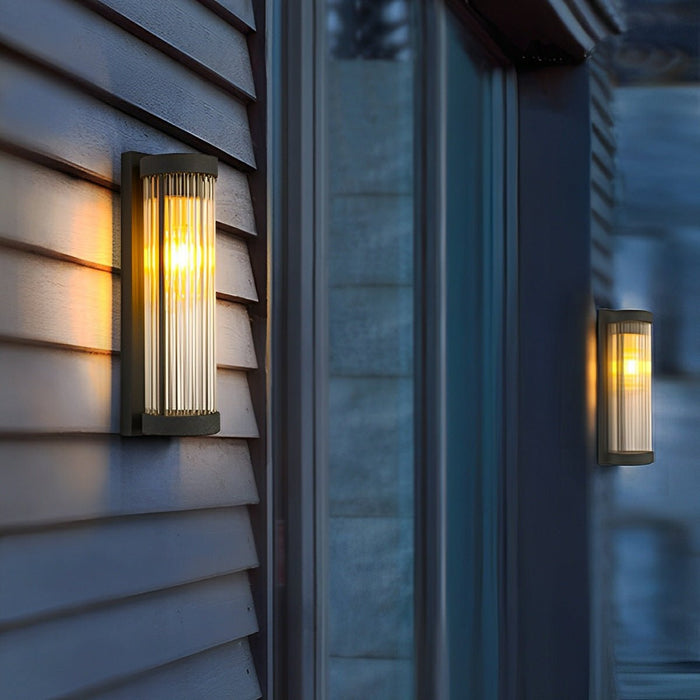 Solar, Dusk to Dawn Waterproof Cylinder LED Wall Sconce, Striped Glass Outdoor Light for Porch/Patio/Yard
