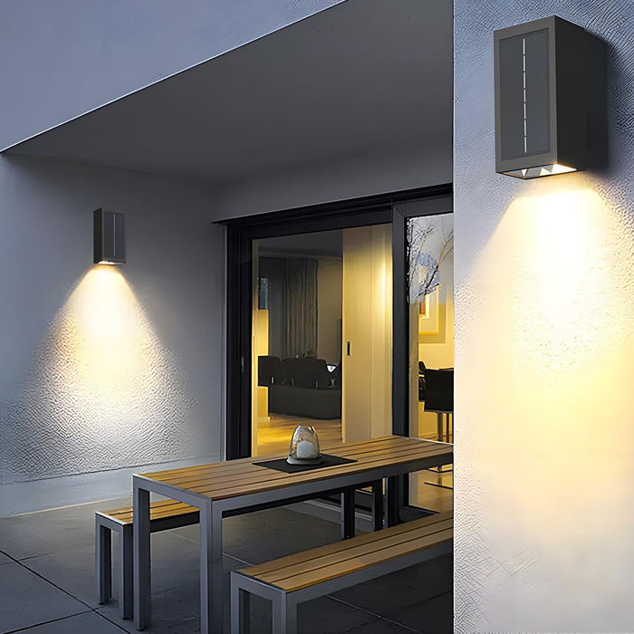 Solar Wall Sconce - Up/Down LED Outdoor Lighting, Waterproof Aluminum Glass Fixture