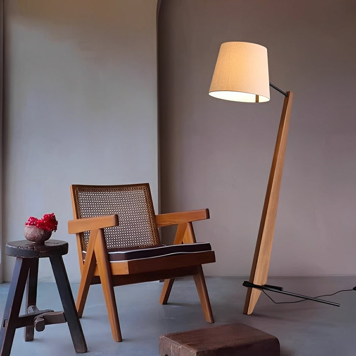 Modern Tilt Floor Lamp - Wood Frame / Fabric Drum Shade - Adjustable Reading Light