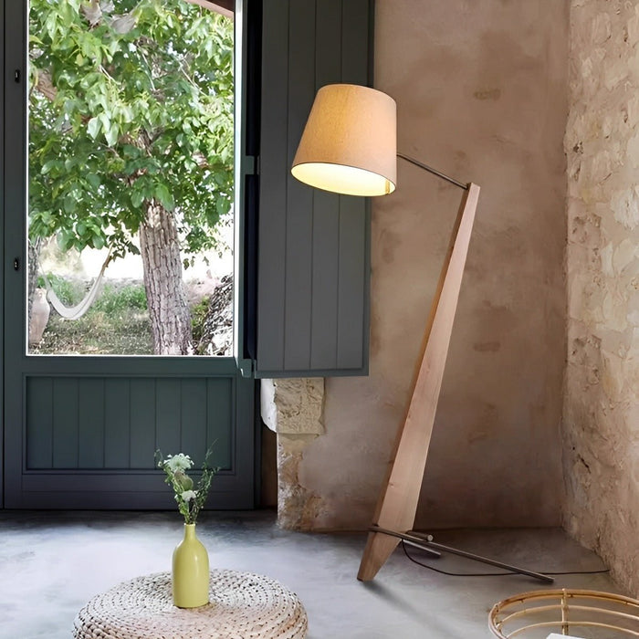 Modern Tilt Floor Lamp - Wood Frame / Fabric Drum Shade - Adjustable Reading Light