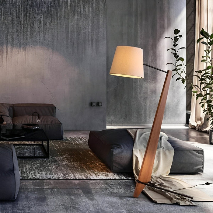 Modern Tilt Floor Lamp - Wood Frame / Fabric Drum Shade - Adjustable Reading Light