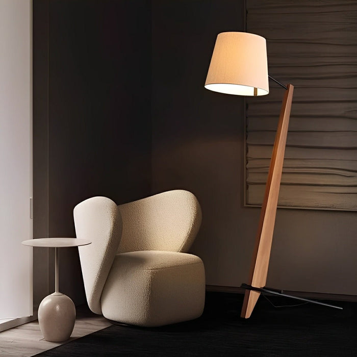 Modern Tilt Floor Lamp - Wood Frame / Fabric Drum Shade - Adjustable Reading Light
