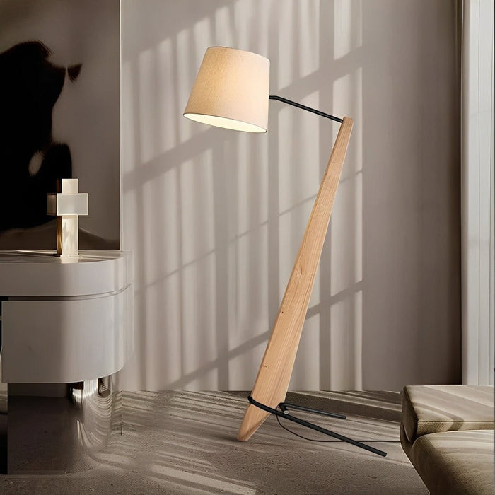 Modern Tilt Floor Lamp - Wood Frame / Fabric Drum Shade - Adjustable Reading Light