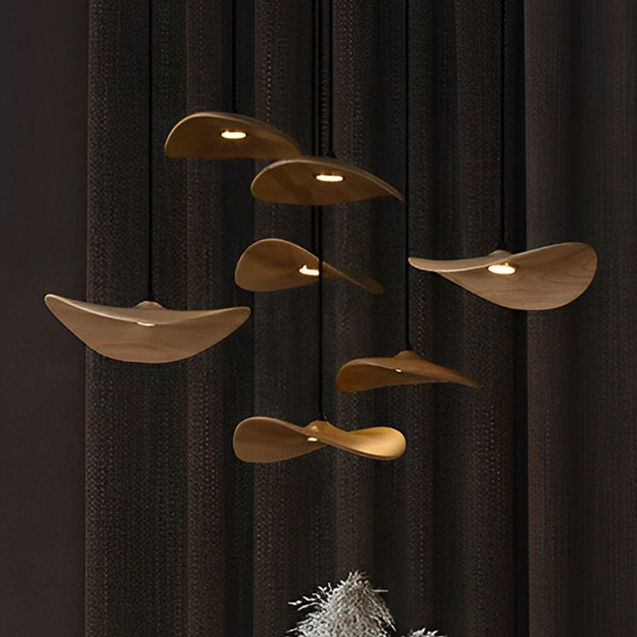 Lotus Leaf LED Pendant Light - Modern Wood Style, Adjustable Height Ceiling Fixture for Dining Room, Kitchen