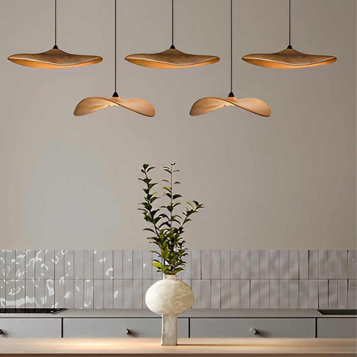 Lotus Leaf LED Pendant Light - Modern Wood Style, Adjustable Height Ceiling Fixture for Dining Room, Kitchen