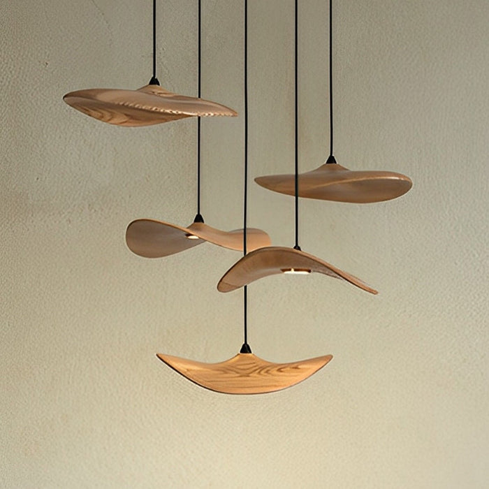 Lotus Leaf LED Pendant Light - Modern Wood Style, Adjustable Height Ceiling Fixture for Dining Room, Kitchen