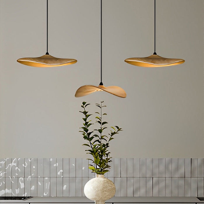Lotus Leaf LED Pendant Light - Modern Wood Style, Adjustable Height Ceiling Fixture for Dining Room, Kitchen