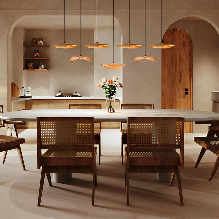 Lotus Leaf LED Pendant Light - Modern Wood Style, Adjustable Height Ceiling Fixture for Dining Room, Kitchen