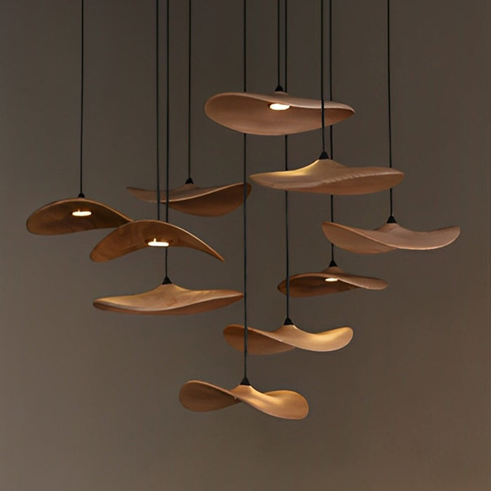 Lotus Leaf LED Pendant Light - Modern Wood Style, Adjustable Height Ceiling Fixture for Dining Room, Kitchen