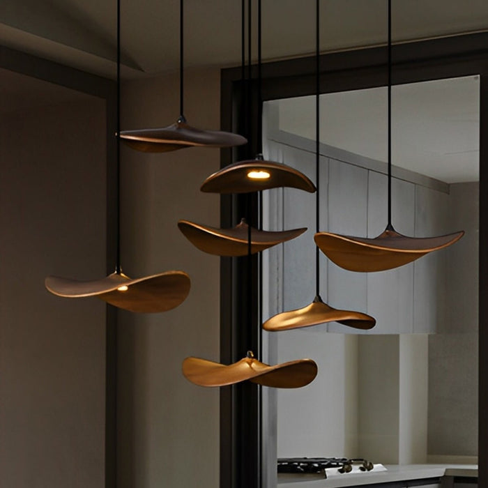 Lotus Leaf LED Pendant Light - Modern Wood Style, Adjustable Height Ceiling Fixture for Dining Room, Kitchen