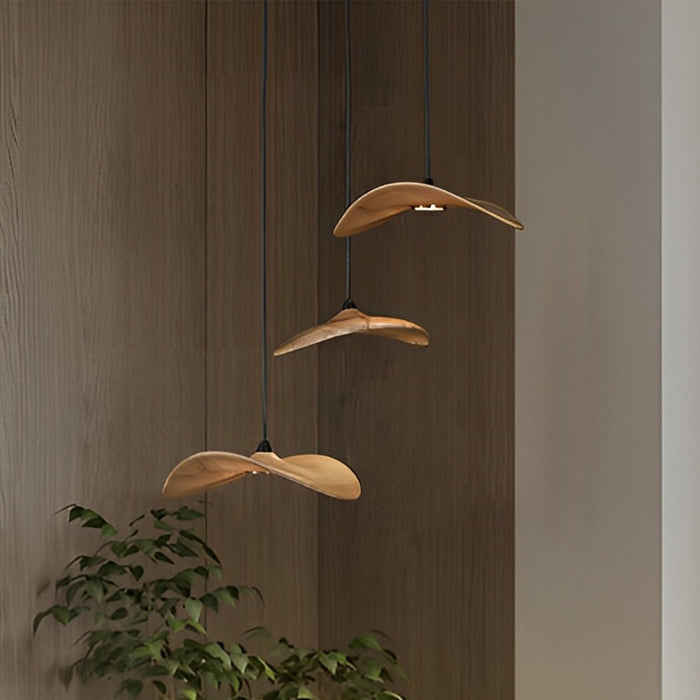 Lotus Leaf LED Pendant Light - Modern Wood Style, Adjustable Height Ceiling Fixture for Dining Room, Kitchen
