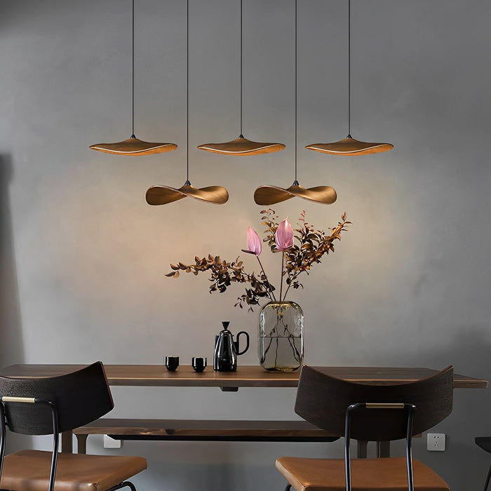 Lotus Leaf LED Pendant Light - Modern Wood Style, Adjustable Height Ceiling Fixture for Dining Room, Kitchen
