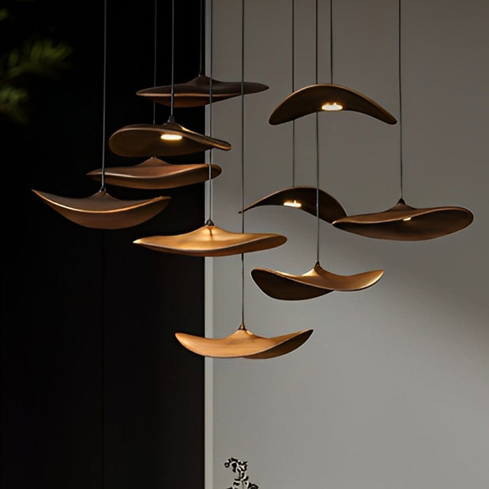 Lotus Leaf LED Pendant Light - Modern Wood Style, Adjustable Height Ceiling Fixture for Dining Room, Kitchen