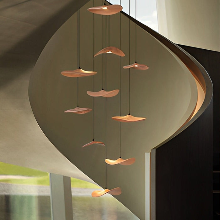 Lotus Leaf LED Pendant Light - Modern Wood Style, Adjustable Height Ceiling Fixture for Dining Room, Kitchen