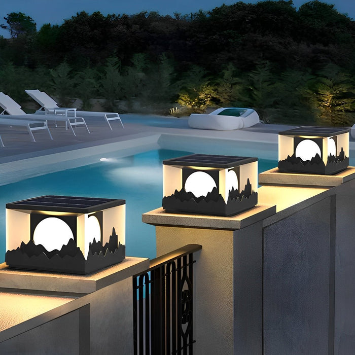 Square Outdoor Pillar Lights - Modern Mountain Design, Solar Powered Fence Post Light