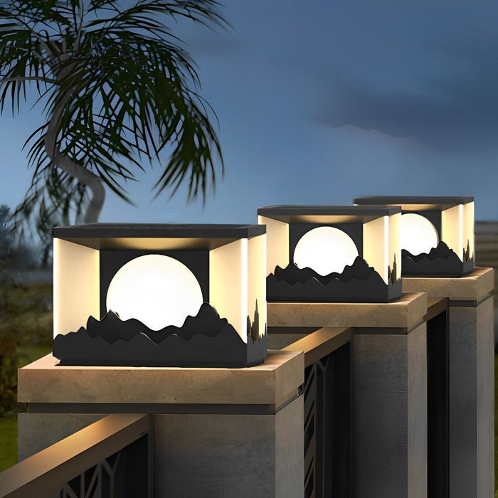 Square Outdoor Pillar Lights - Modern Mountain Design, Solar Powered Fence Post Light