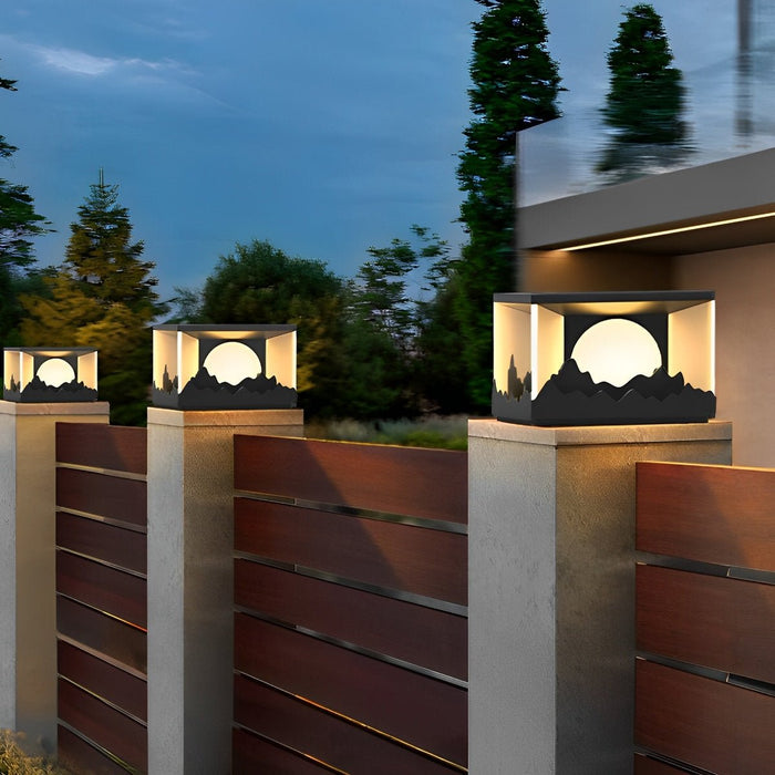 Square Outdoor Pillar Lights - Modern Mountain Design, Solar Powered Fence Post Light