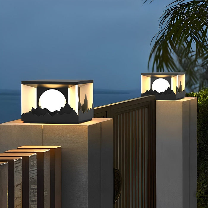Square Outdoor Pillar Lights - Modern Mountain Design, Solar Powered Fence Post Light