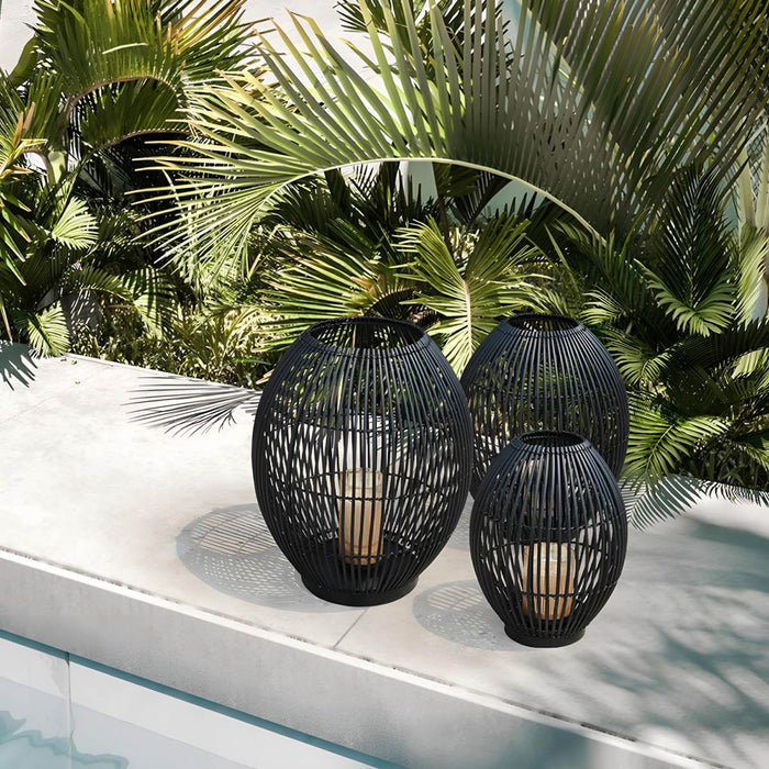 Outdoor Black Handwoven LED Candle Lantern Floor Lamp - Rattan Weave, Flameless Glow for Patio/Garden