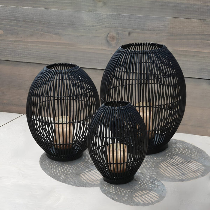 Outdoor Black Handwoven LED Candle Lantern Floor Lamp - Rattan Weave, Flameless Glow for Patio/Garden