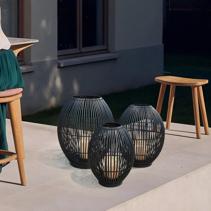 Outdoor Black Handwoven LED Candle Lantern Floor Lamp - Rattan Weave, Flameless Glow for Patio/Garden