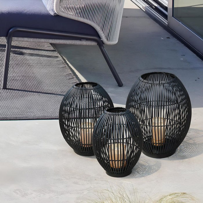Outdoor Black Handwoven LED Candle Lantern Floor Lamp - Rattan Weave, Flameless Glow for Patio/Garden