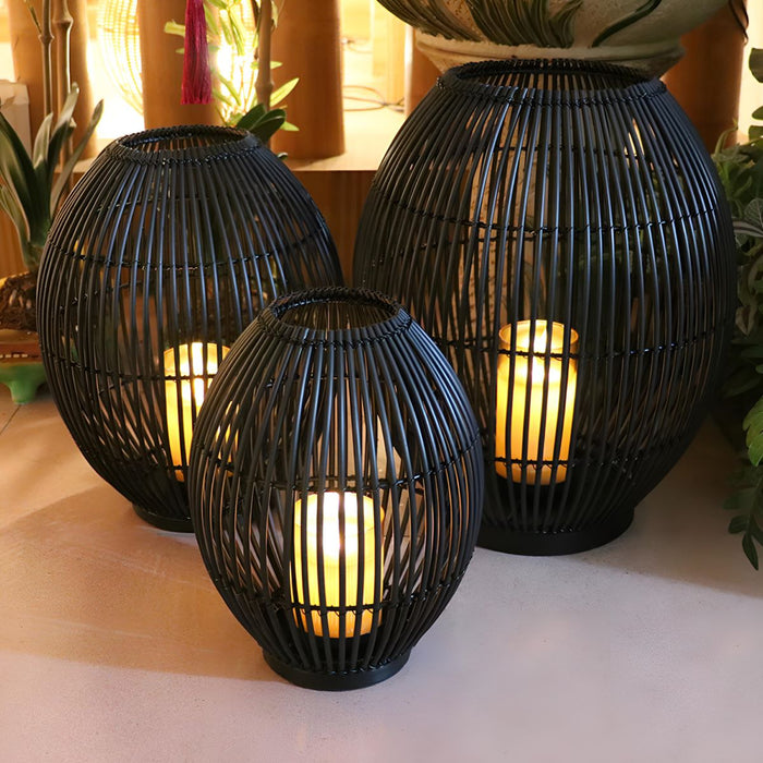 Outdoor Black Handwoven LED Candle Lantern Floor Lamp - Rattan Weave, Flameless Glow for Patio/Garden