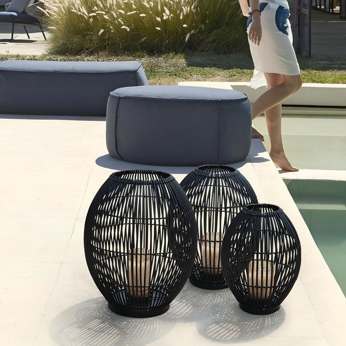 Outdoor Black Handwoven LED Candle Lantern Floor Lamp - Rattan Weave, Flameless Glow for Patio/Garden