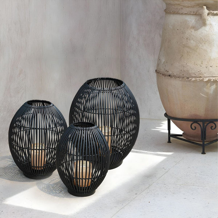 Outdoor Black Handwoven LED Candle Lantern Floor Lamp - Rattan Weave, Flameless Glow for Patio/Garden