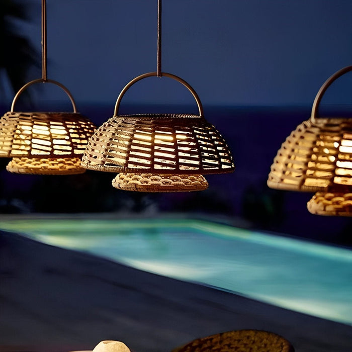 Rattan Lantern Outdoor Pendant Light - Waterproof Hanging Patio Lamp, Courtyard Landscape Lighting