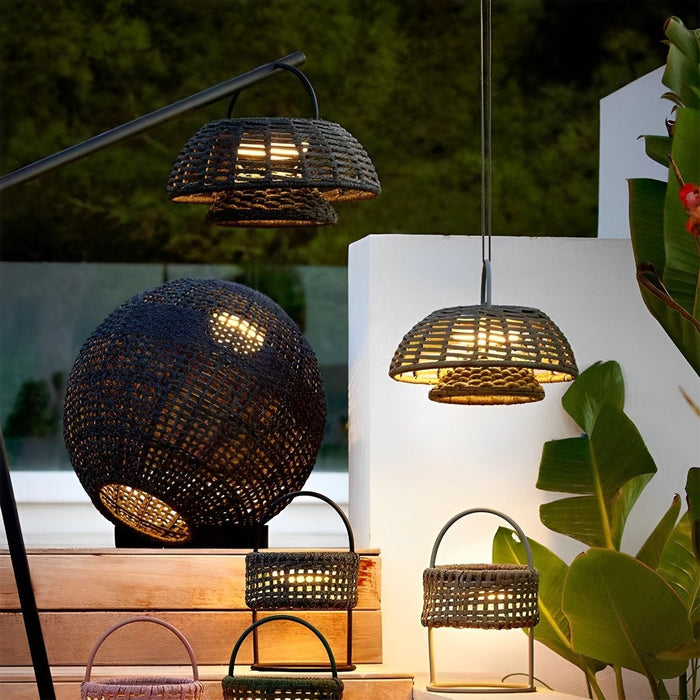 Rattan Lantern Outdoor Pendant Light - Waterproof Hanging Patio Lamp, Courtyard Landscape Lighting