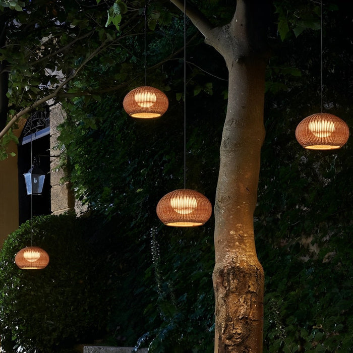Outdoor Oval Rattan Lantern - Waterproof Pendant Light, Garden Porch Chandelier, Rustic Hanging Lamp