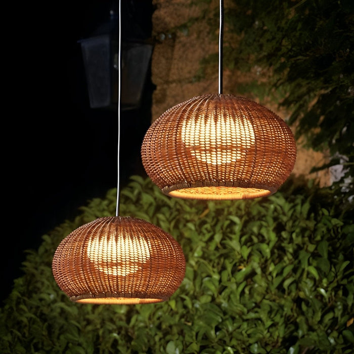 Outdoor Oval Rattan Lantern - Waterproof Pendant Light, Garden Porch Chandelier, Rustic Hanging Lamp