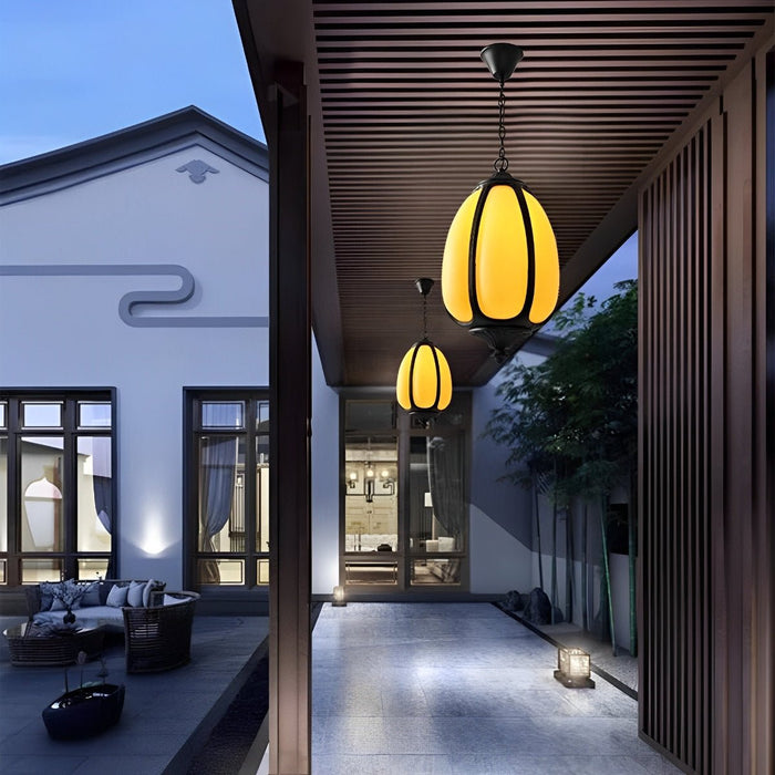 Pumpkin Pendant Light - Outdoor Waterproof Lantern, Garden Patio Hanging Lamp, Weatherproof Chandelier for Courtyard Decor