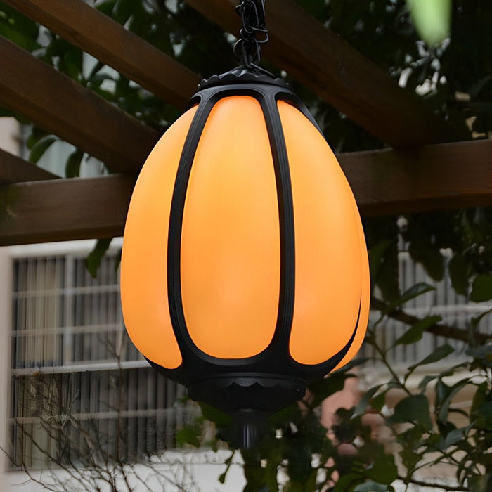 Pumpkin Pendant Light - Outdoor Waterproof Lantern, Garden Patio Hanging Lamp, Weatherproof Chandelier for Courtyard Decor