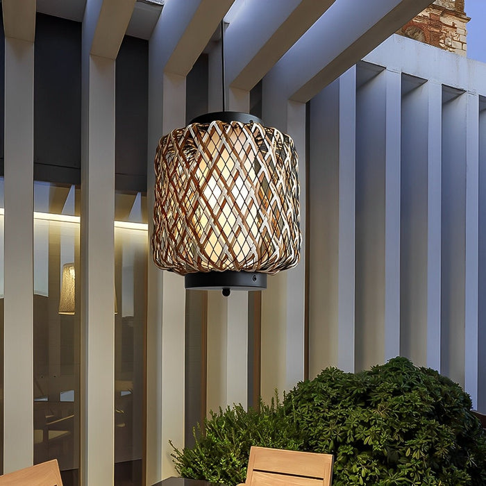 Outdoor Waterproof Rattan Hanging Lanterns - Adjustable Pendant Light for Patio, Garden, Exterior Corridor - Rustic Woven Design