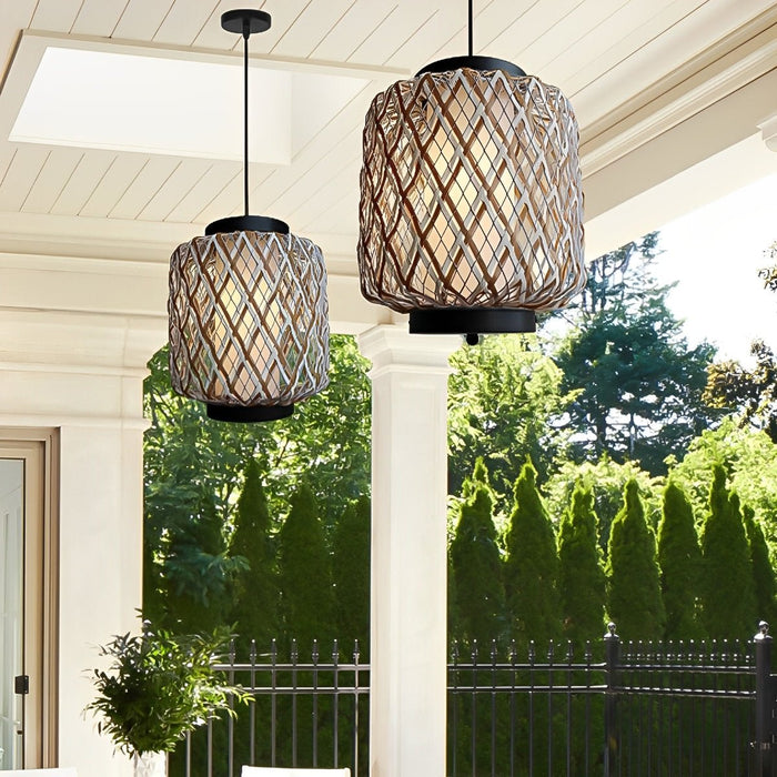 Outdoor Waterproof Rattan Hanging Lanterns - Adjustable Pendant Light for Patio, Garden, Exterior Corridor - Rustic Woven Design