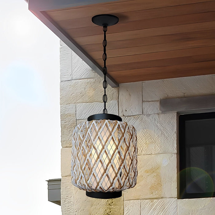 Outdoor Waterproof Rattan Hanging Lanterns - Adjustable Pendant Light for Patio, Garden, Exterior Corridor - Rustic Woven Design
