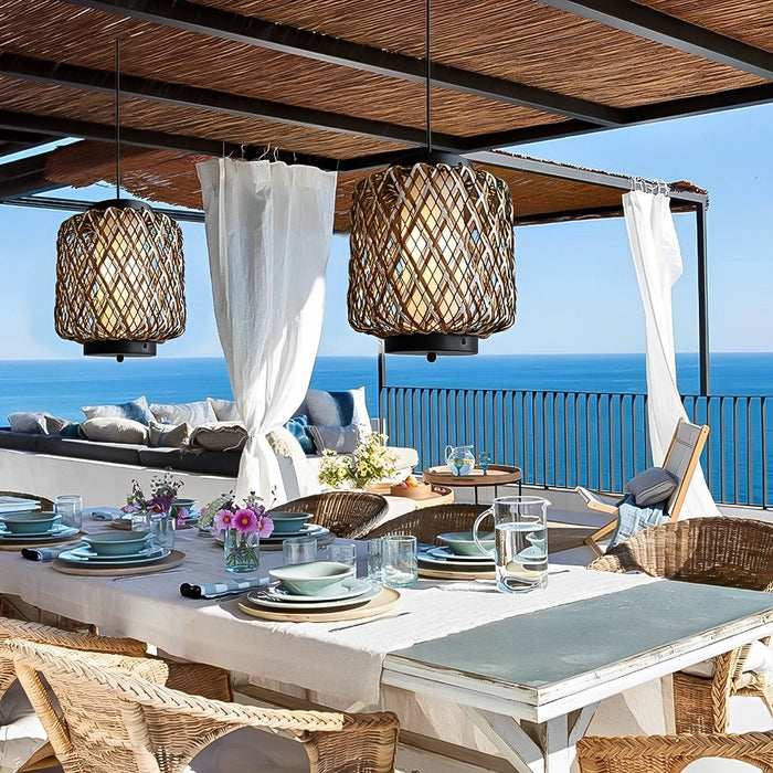 Outdoor Waterproof Rattan Hanging Lanterns - Adjustable Pendant Light for Patio, Garden, Exterior Corridor - Rustic Woven Design