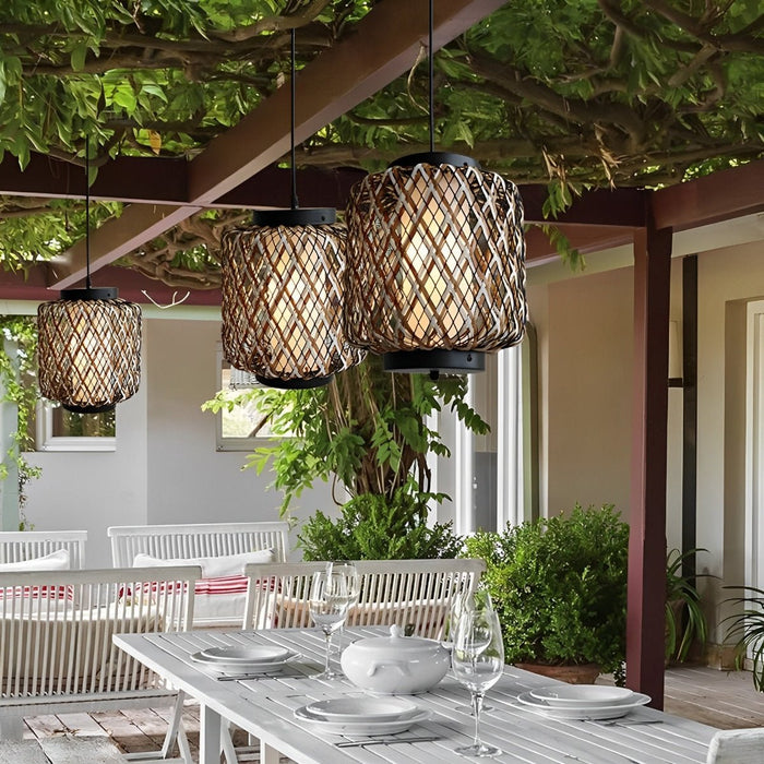 Outdoor Waterproof Rattan Hanging Lanterns - Adjustable Pendant Light for Patio, Garden, Exterior Corridor - Rustic Woven Design