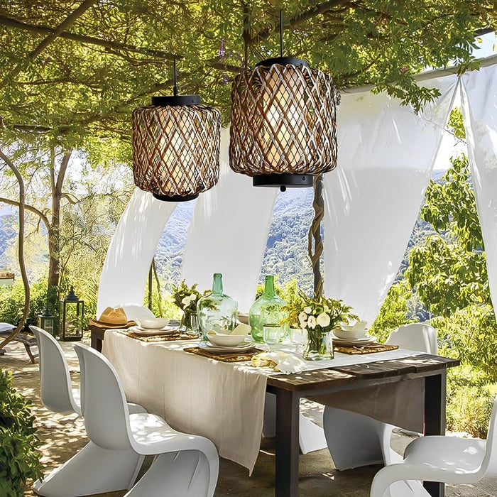 Outdoor Waterproof Rattan Hanging Lanterns - Adjustable Pendant Light for Patio, Garden, Exterior Corridor - Rustic Woven Design