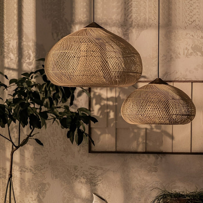 Oval-shaped Rattan Pendant Light - Handmade Woven Boho Hanging Lamp, Natural Fiber Ceiling Fixture