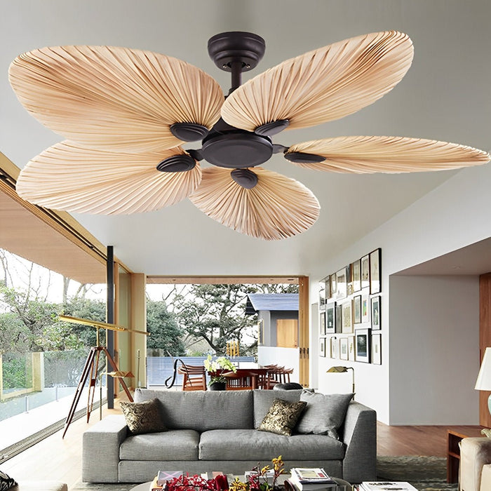 Palm Leaf Ceiling Fan - Silent DC Motor, Remote Control - Tropical Wrought Iron Design